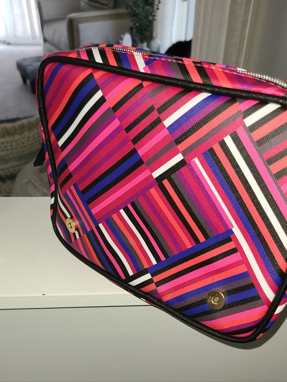 Trina Turk Striped Pink Multi Travel Cosmetic Case with Handle - Picture 4 of 10